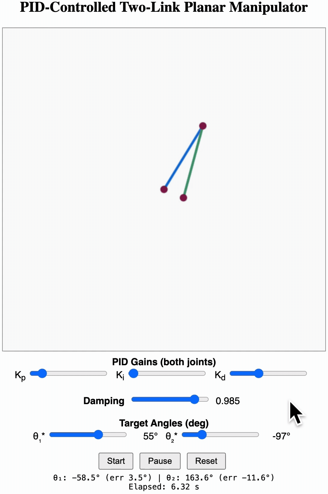 Animated recording of a robot-control learning resource with parameter sliders, an animated robot arm and numerical response values.