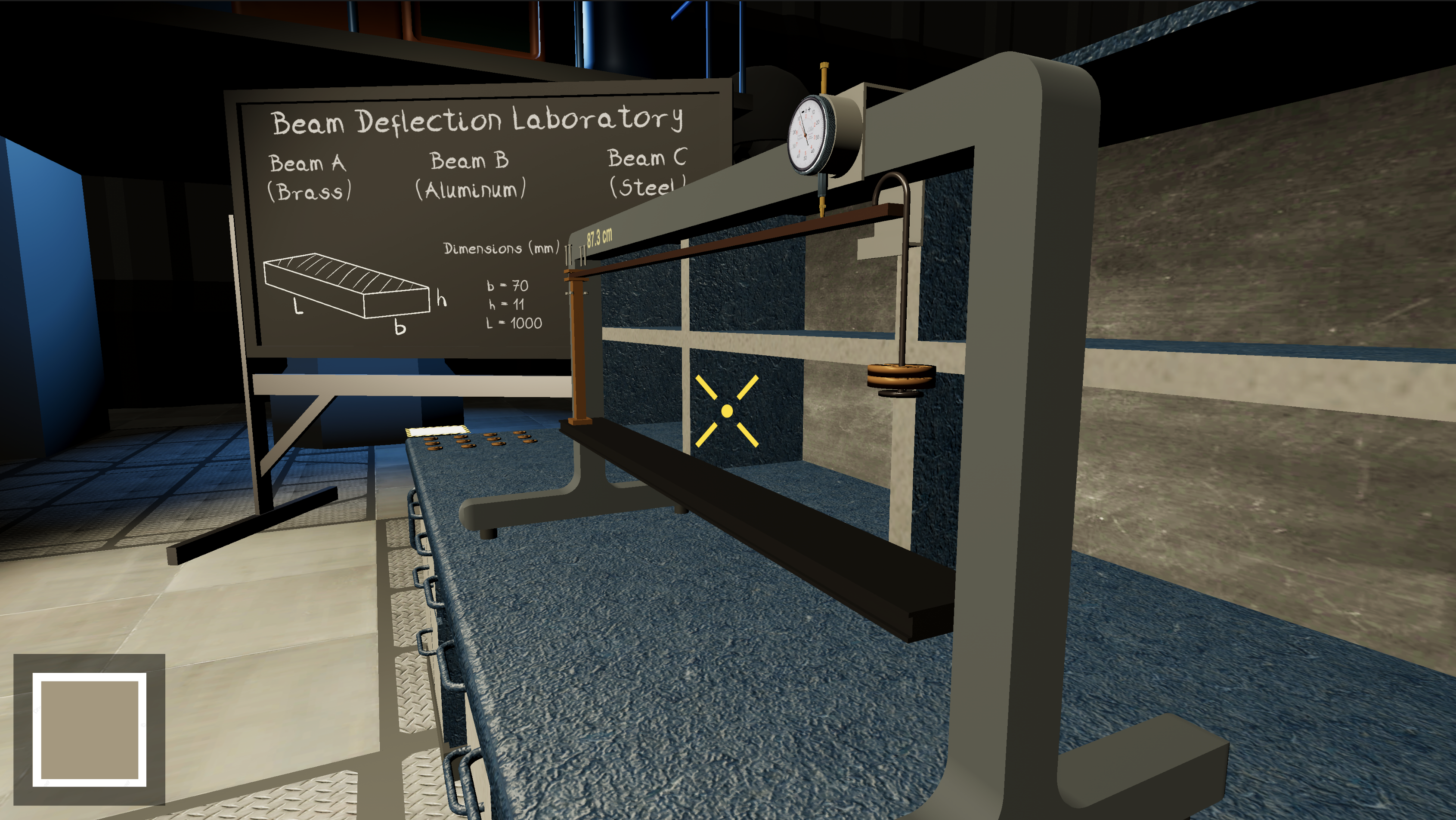 A beam-deflection experiment in a three-dimensional virtual engineering laboratory, with a loaded beam, dial gauge and explanatory board.