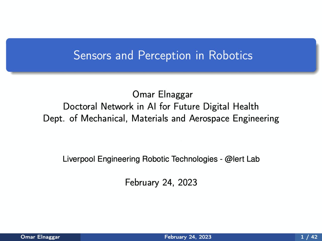 Cover slide: Sensors and Perception in Robotics.